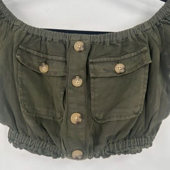 Aeropostale Buttoned Off-The-Shoulder Crop Top Military Style Olive Green XS - Picture 7 of 11